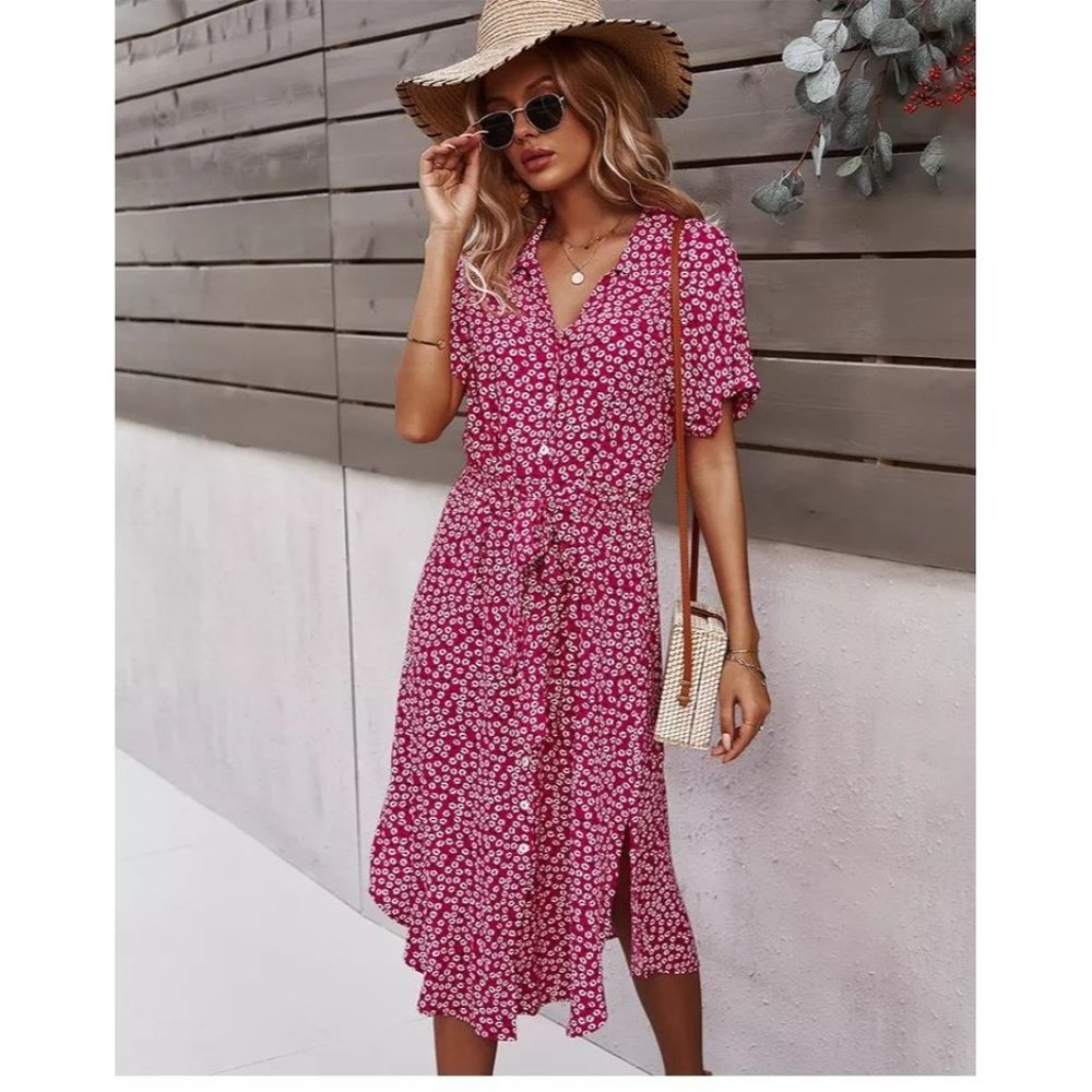 Long Red Floral Dress, Midi, Boho
